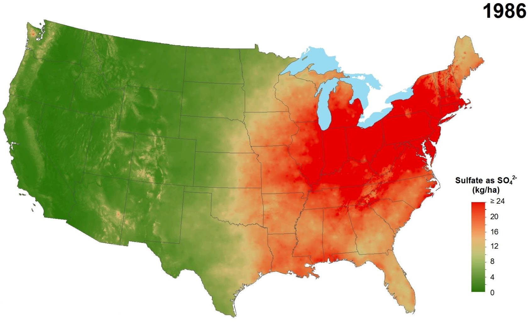Average annual sulfate deposition from precip-itation, 1986