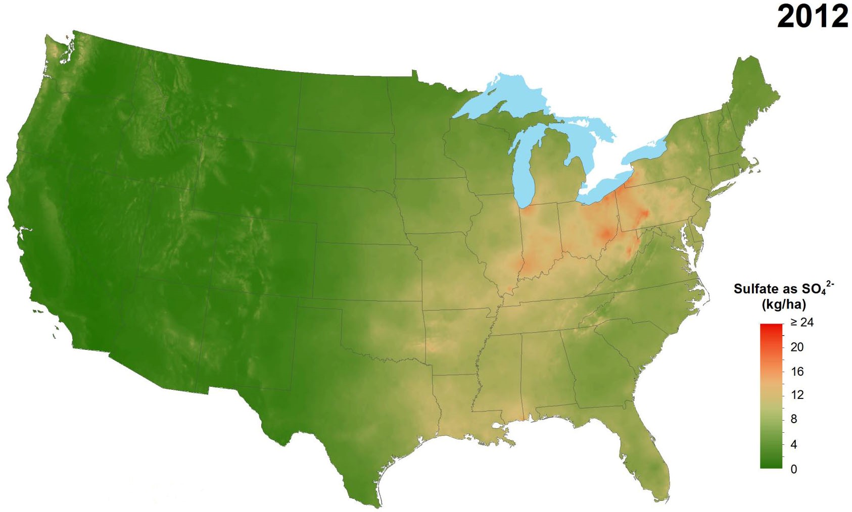 Average annual sulfate deposition from precip-itation, 2012