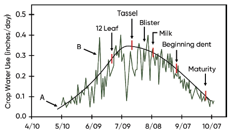 Long-term daily average (black line) and individual year (green line) corn water use by growth stage