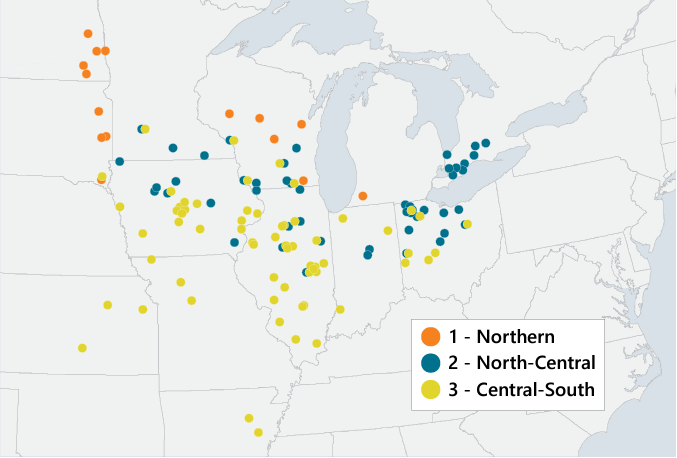 Locations of 211 trial site-years and environmental clusters of soybean seeding rate experiments analyzed by Gaspar et al. (2020).
