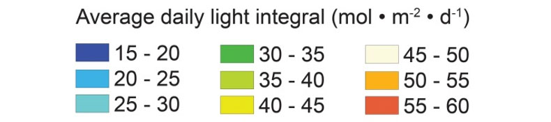 Legend for maps - Average U.S. daily light integral (DLI) by month.