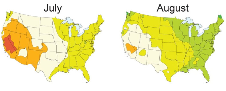 Map - Average U.S. daily light integral (DLI) July-August.