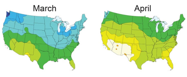 Map - Average U.S. daily light integral (DLI) March-April.