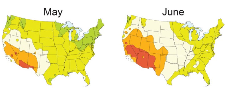 Map - Average U.S. daily light integral (DLI) May-June.