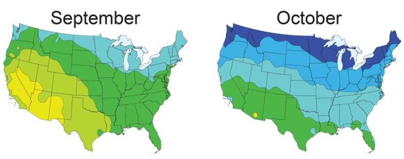 Map - Average U.S. daily light integral (DLI) Sept-Oct.