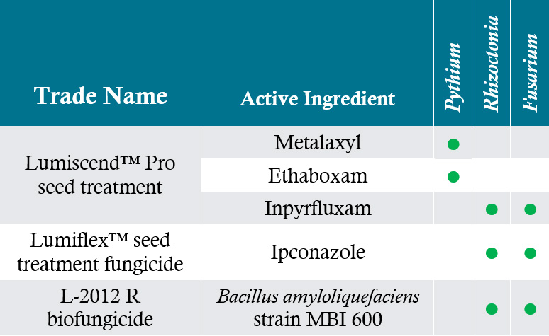Activity of the fungicide components of the LumiGEN seed treatment package on Pioneer brand corn products against primary corn seedling diseases.
