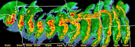 August 10 2020 derecho - Lowest angle National Weather Service radar reflectivity at one-hour time steps