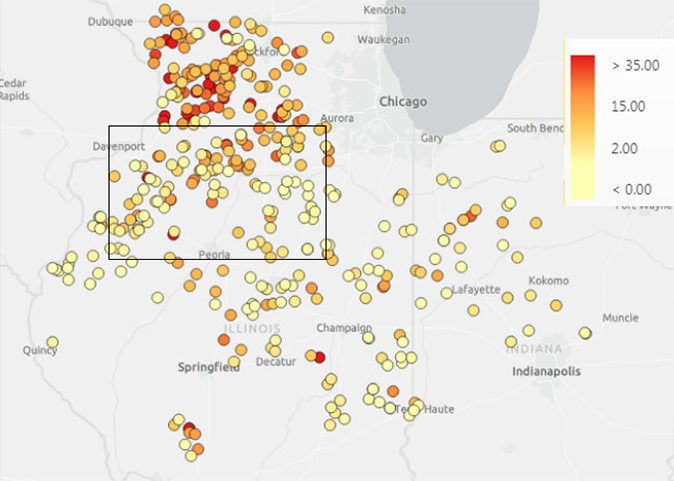 Map - Peak populations at CRW beetle trapping locations in 2020.