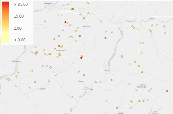 Map - Peak populations at CRW beetle trapping locations in West-Central Illinois.