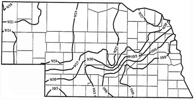 Map - Nebraska - Dates at which there is an 80% probability of an autumn freeze of 28 deg. F or less.