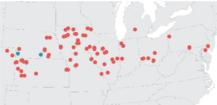 Map - Gap analysis and ET measurement locations in North America, 2019 (blue) and 2020 (red).