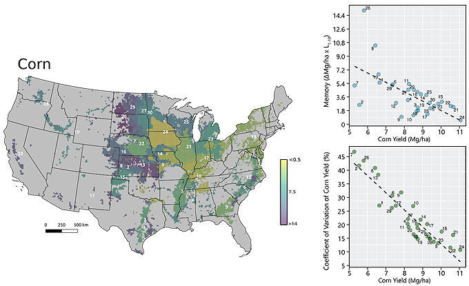 Map - Thematic map with yield factor domains for corn at 15-km resolution, graphs showing the relationship between average corn yield and yield memory.