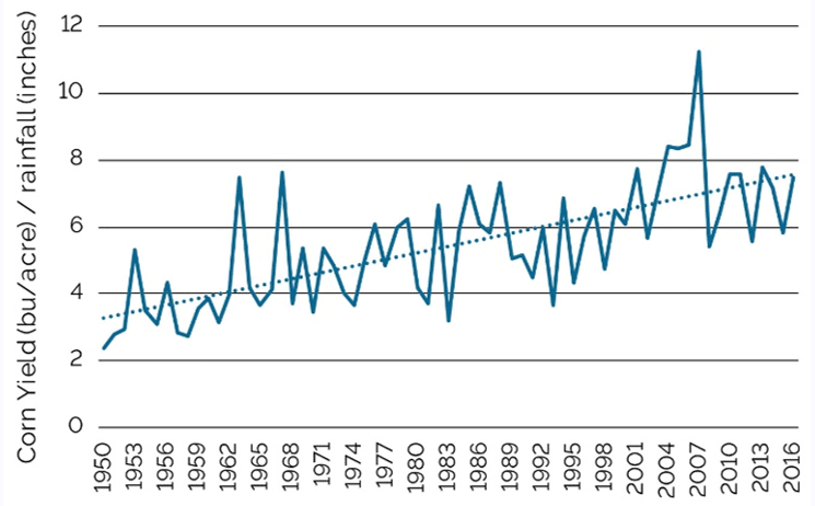 Graph - corn yield per inch of growing season precipitation